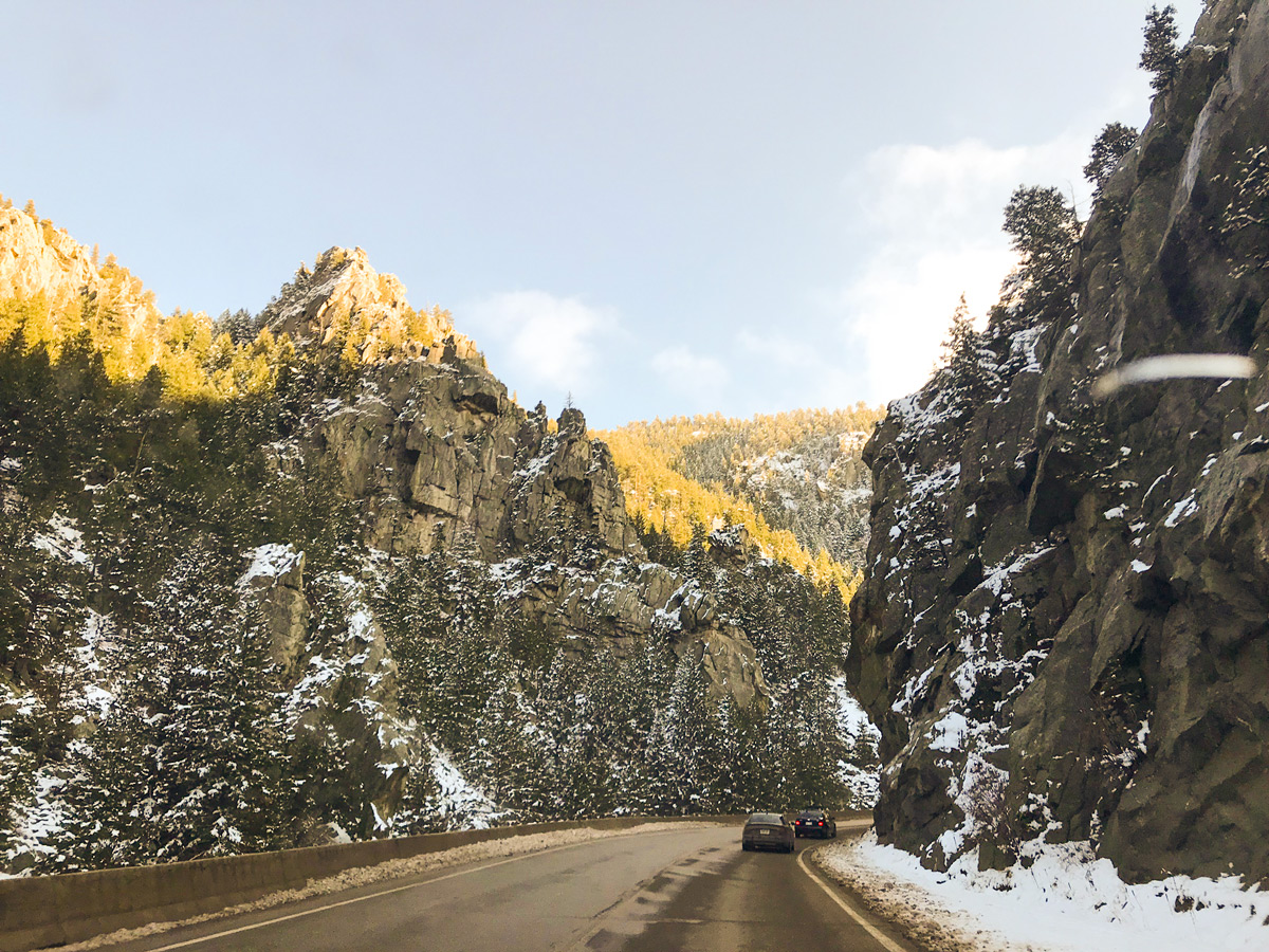 Snow on Boulder Canyon road biking route in Boulder, Colorado