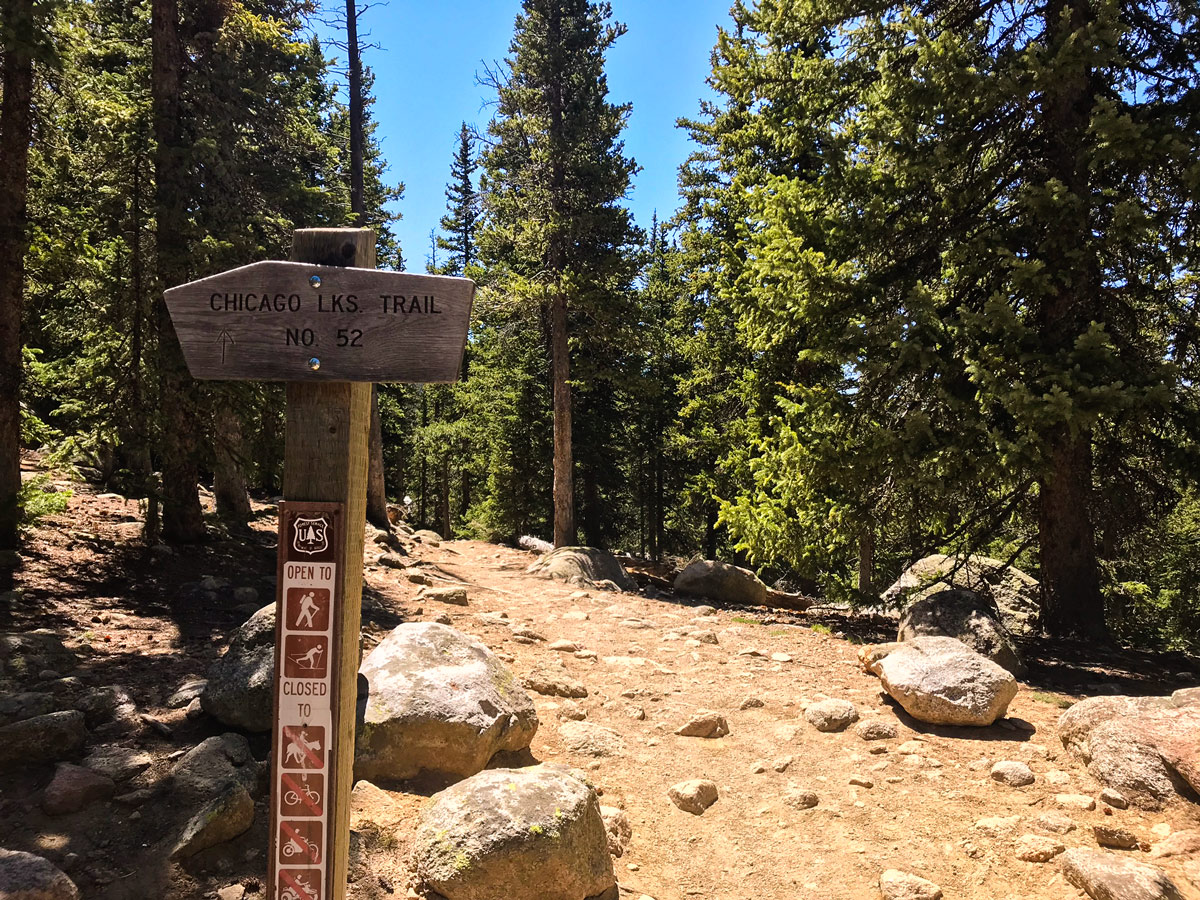 Signpost on Chicago Lakes hike near Denver, Colorado