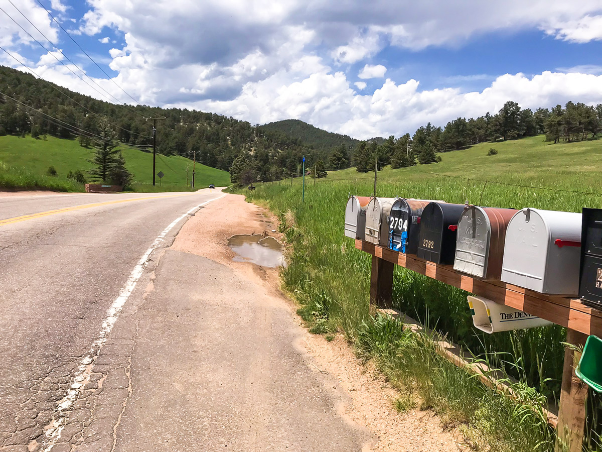 Mailboxes along Lee Hill road biking route in Boulder, Colorado