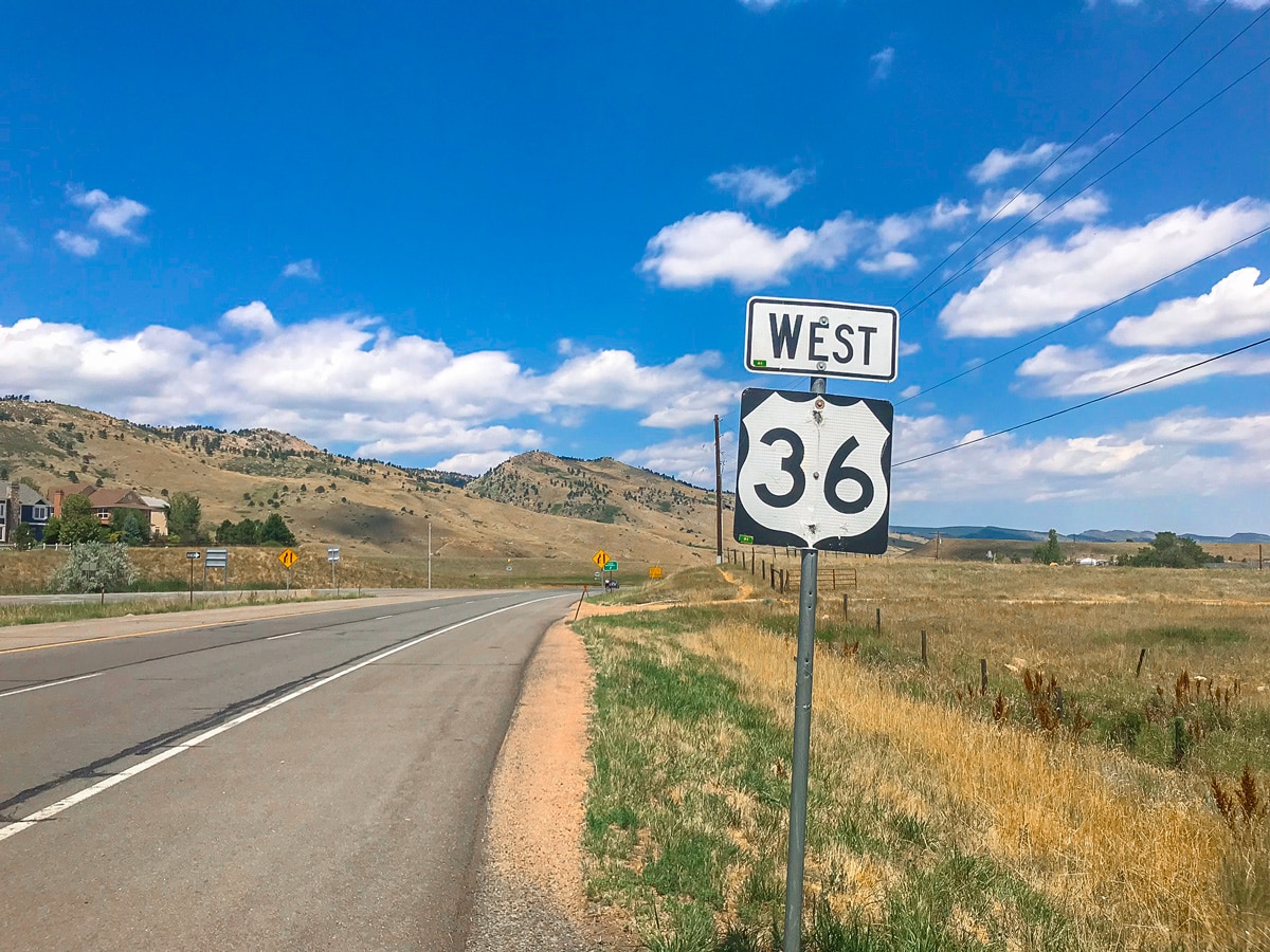 Sign on US 36 to Lyons road biking route in Boulder, Colorado