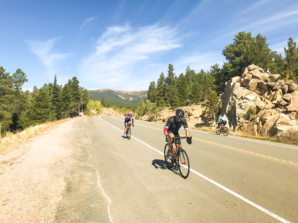 Bikers on Peak to Peak Highway road biking route in Boulder, Colorado