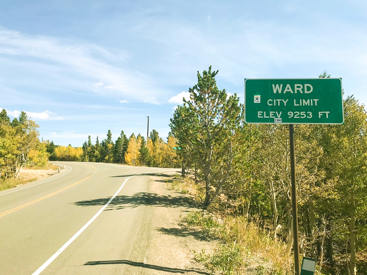 Sign on Peak to Peak Highway road biking route in Boulder, Colorado