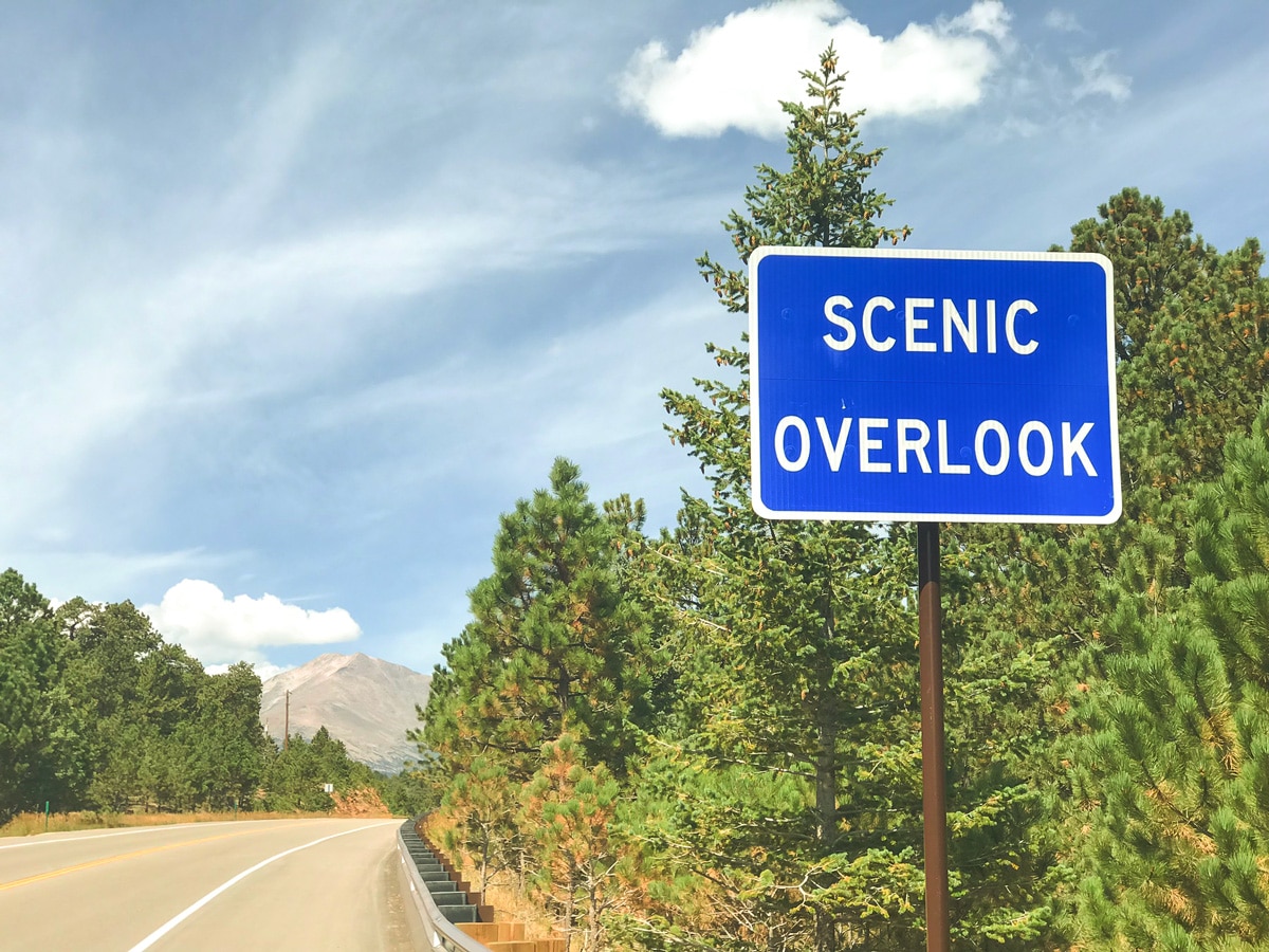 Scenic overlook sign on Peak to Peak Highway road biking route in Boulder, Colorado