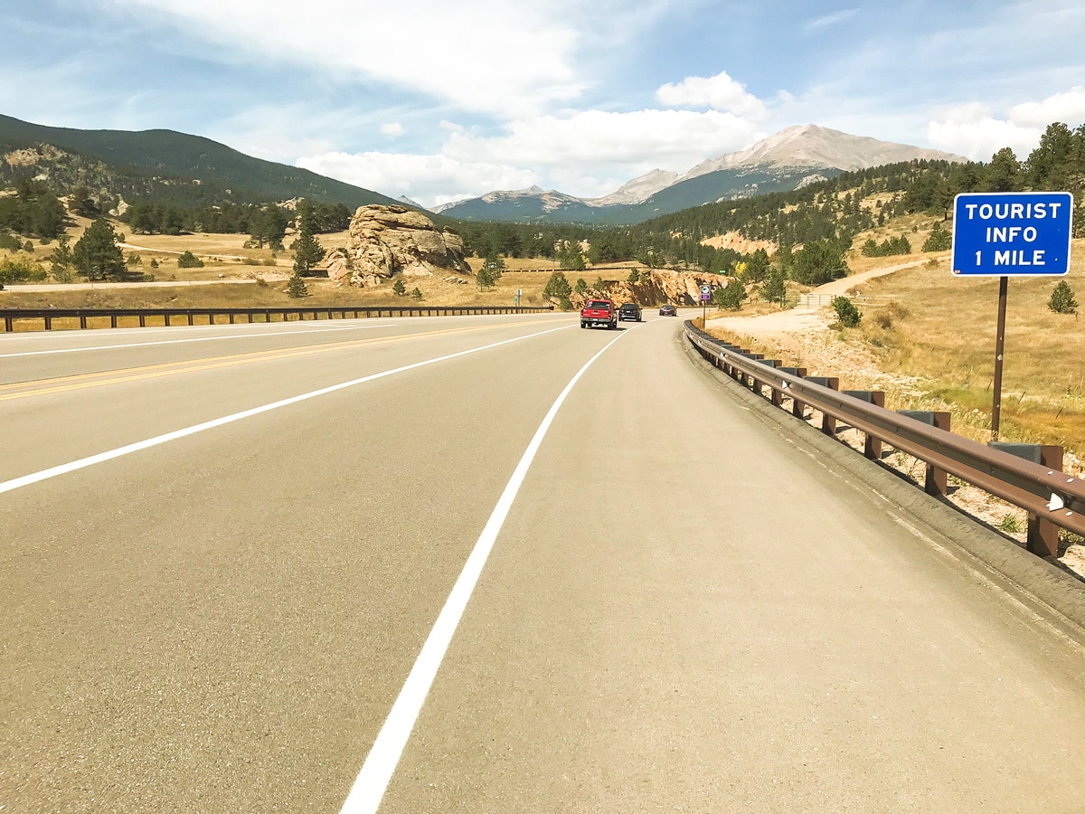 Riding downhill on Peak to Peak Highway road biking route in Boulder, Colorado