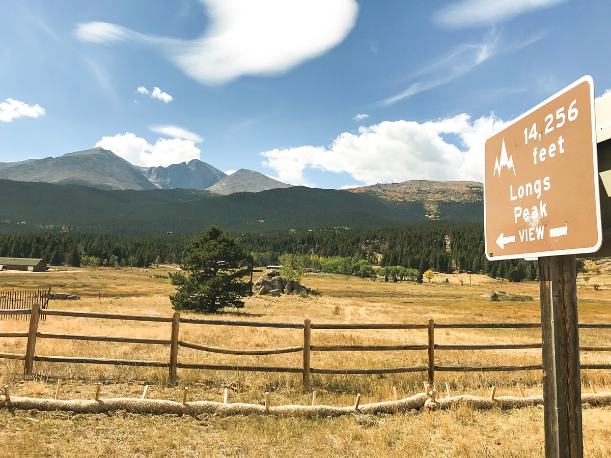 Sign pointing to overlook on Peak to Peak Highway road biking route in Boulder, Colorado