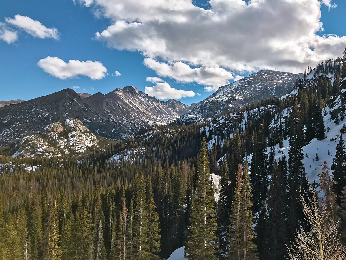 View of Longs Peak on Lake Haiyaha hike in Rocky Mountain National Park, Colorado