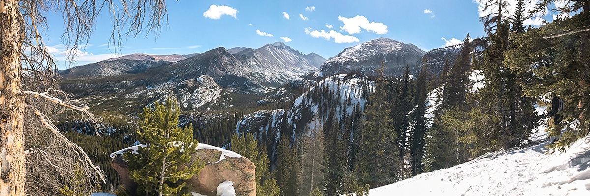 Panoramic view of Longs Peak on Lake Haiyaha hike in Rocky Mountain National Park, Colorado