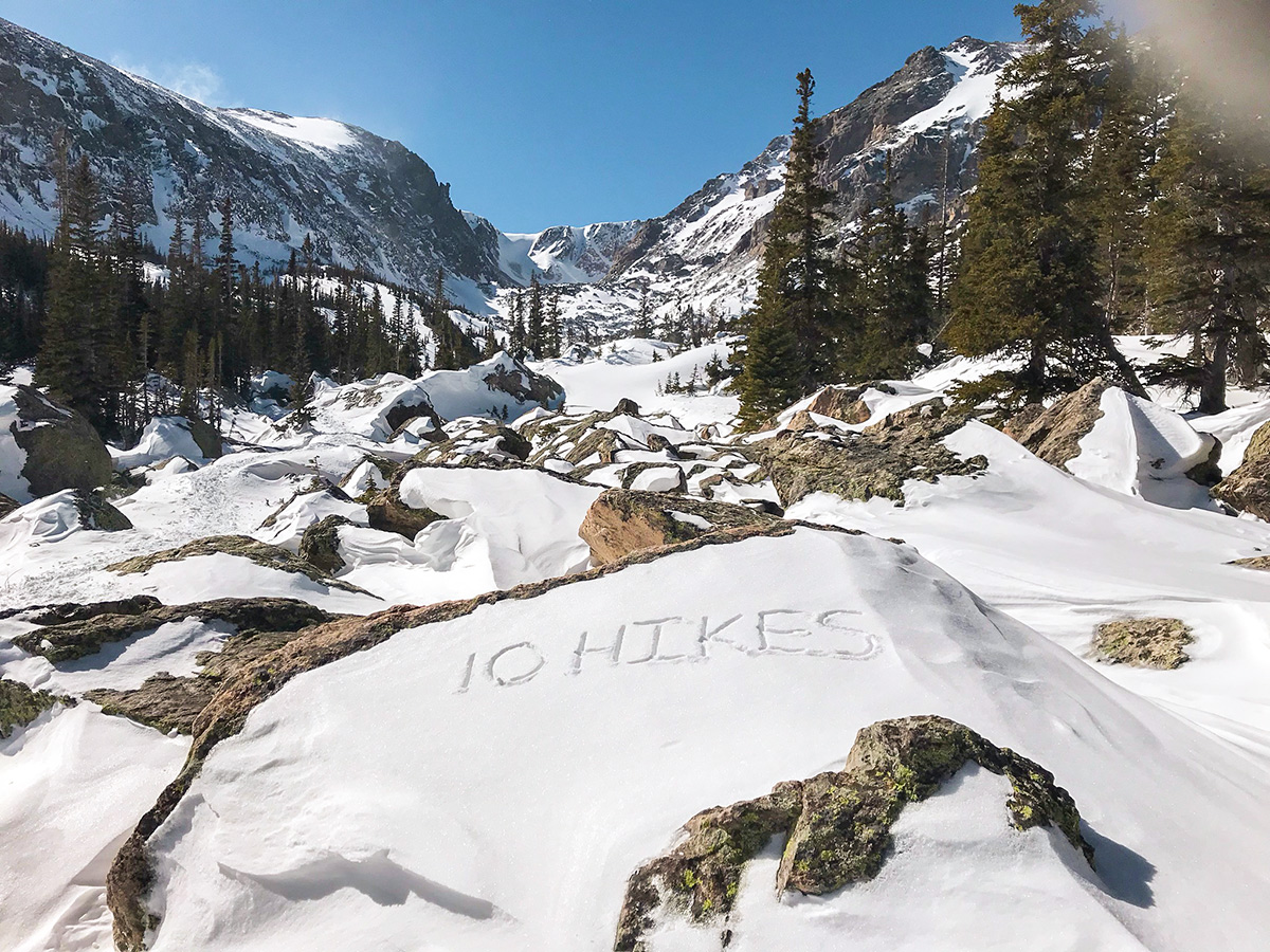 Snow on Lake Haiyaha hike in Rocky Mountain National Park, Colorado