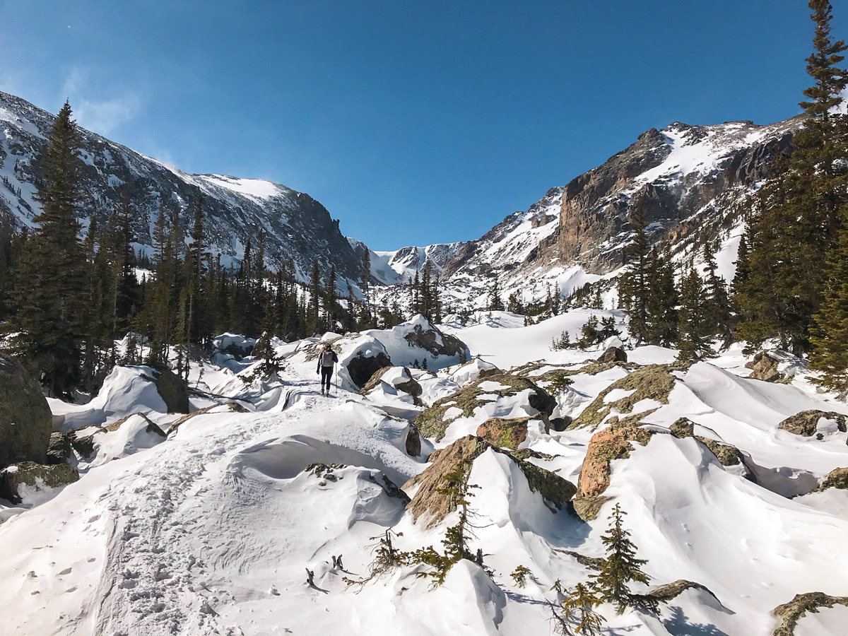 Beautiful snow on Lake Haiyaha hike in Rocky Mountain National Park, Colorado