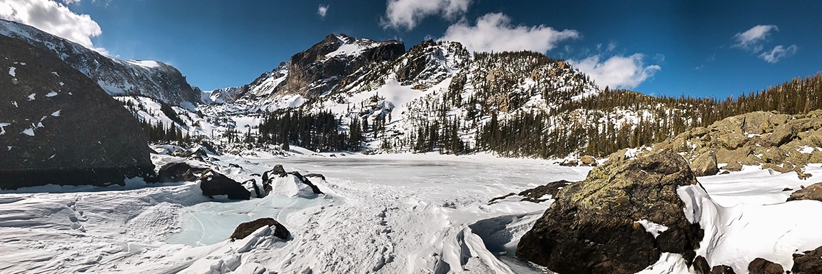 Frozen lake on Lake Haiyaha hike in Rocky Mountain National Park, Colorado