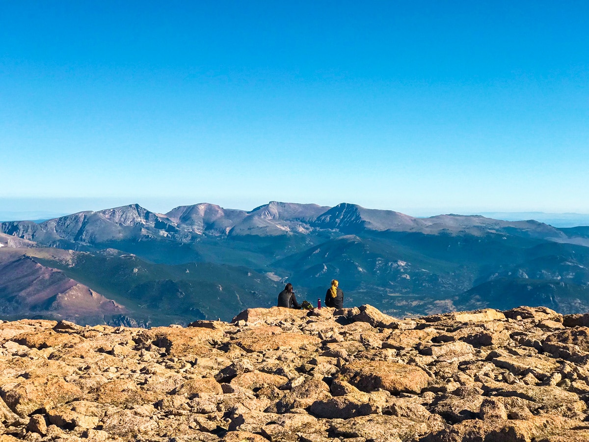 Hikers resting on Longs Peak scramble in Rocky Mountain National Park, Colorado