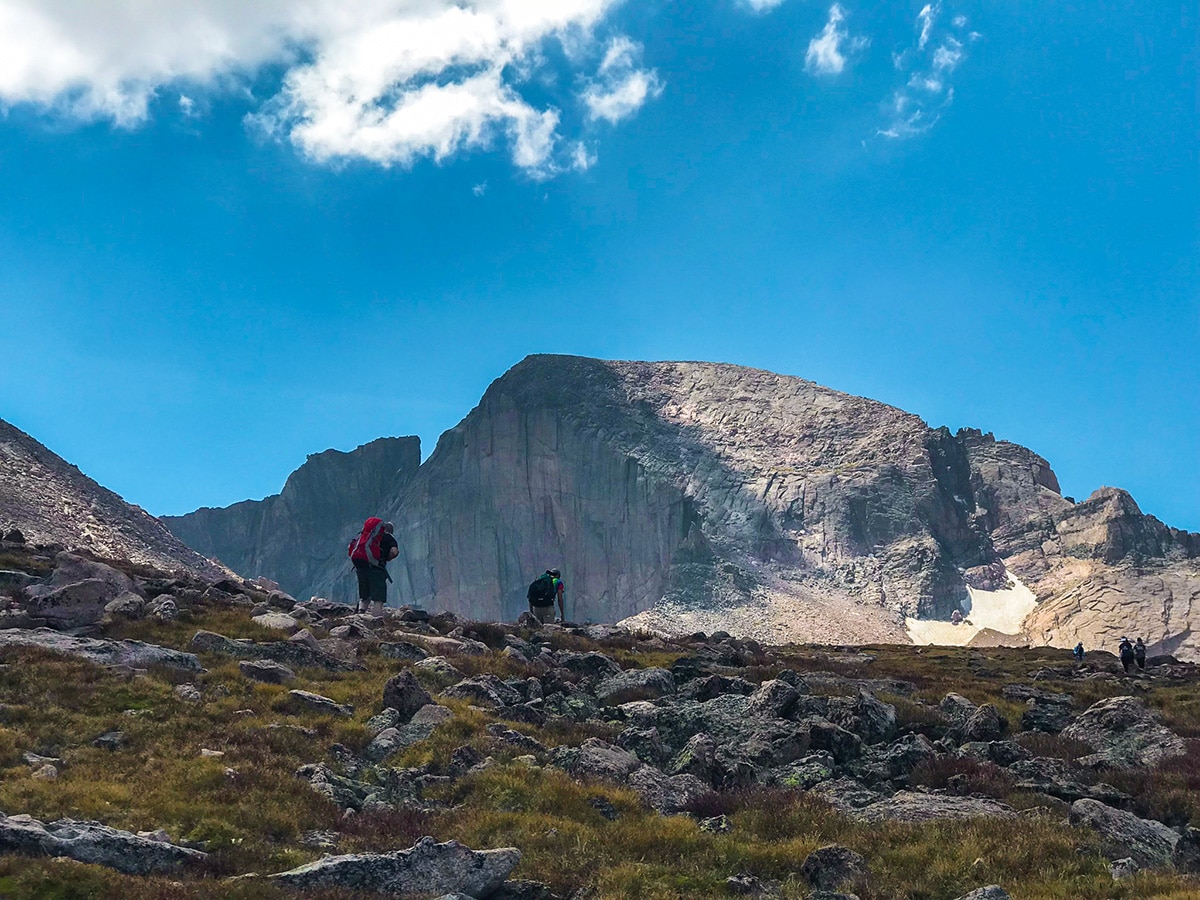 Hikers on Longs Peak scramble in Rocky Mountain National Park, Colorado