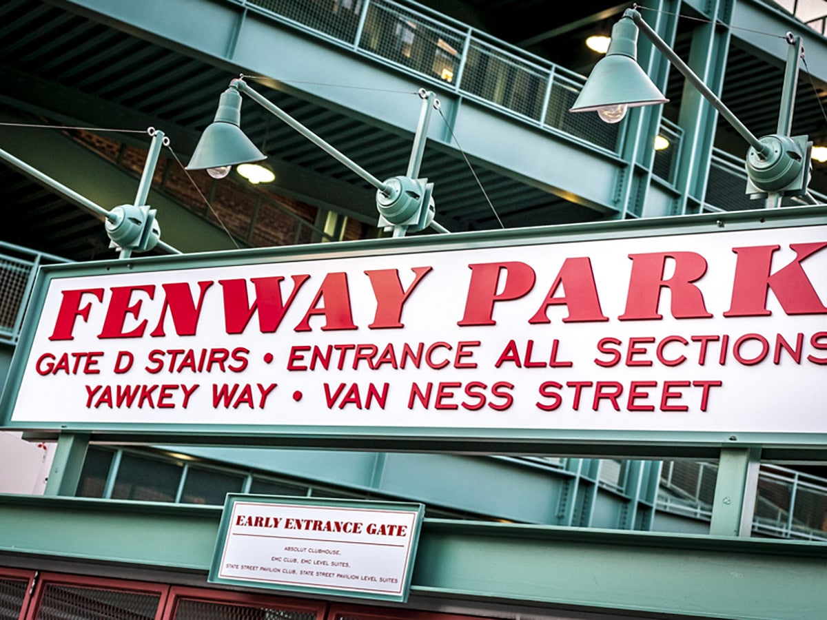 Fenway Park Stadium sign on Fens and Back Bay walking tour in Boston, Massachusetts