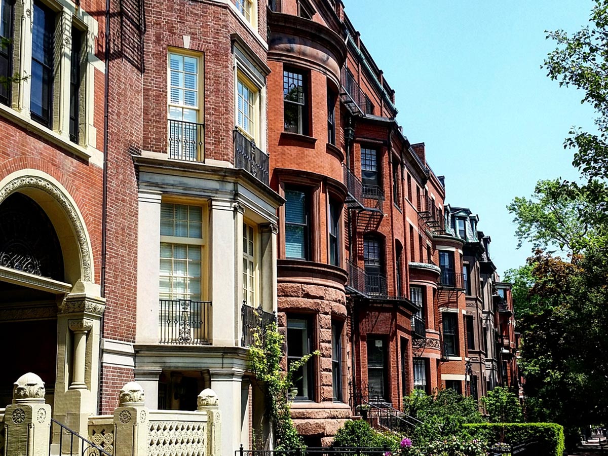 Beautiful brownstones on Fens and Back Bay city walk in Boston