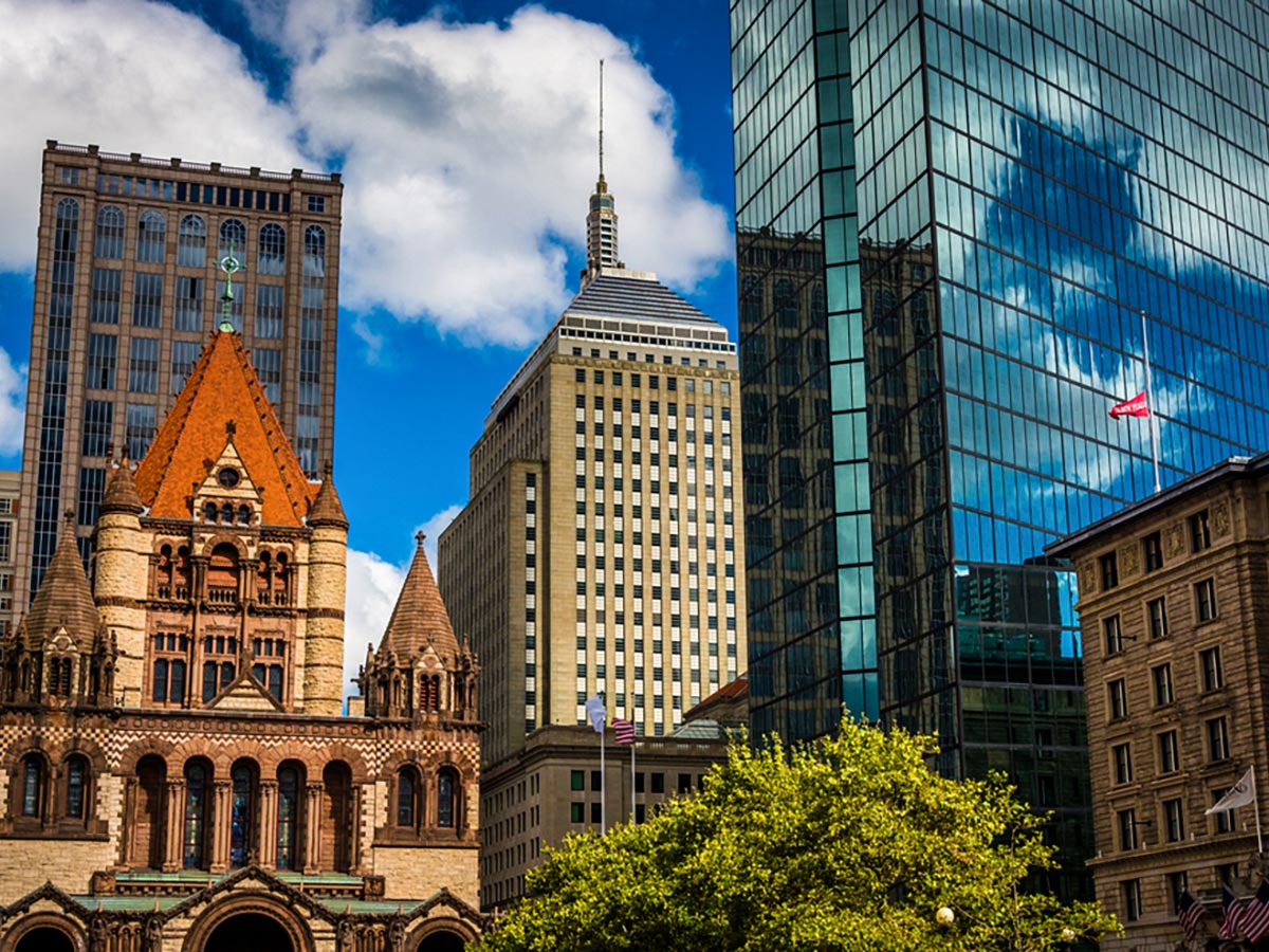Ald and new at Copley Square on Fens and Back Bay city walk in Boston