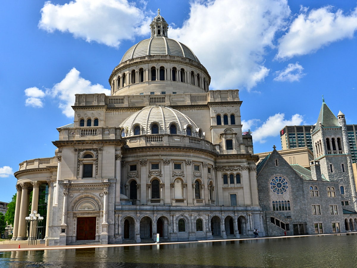First Church of Christ Scientist in Christian Science Plaza on Fens and Back Bay city walk in Boston