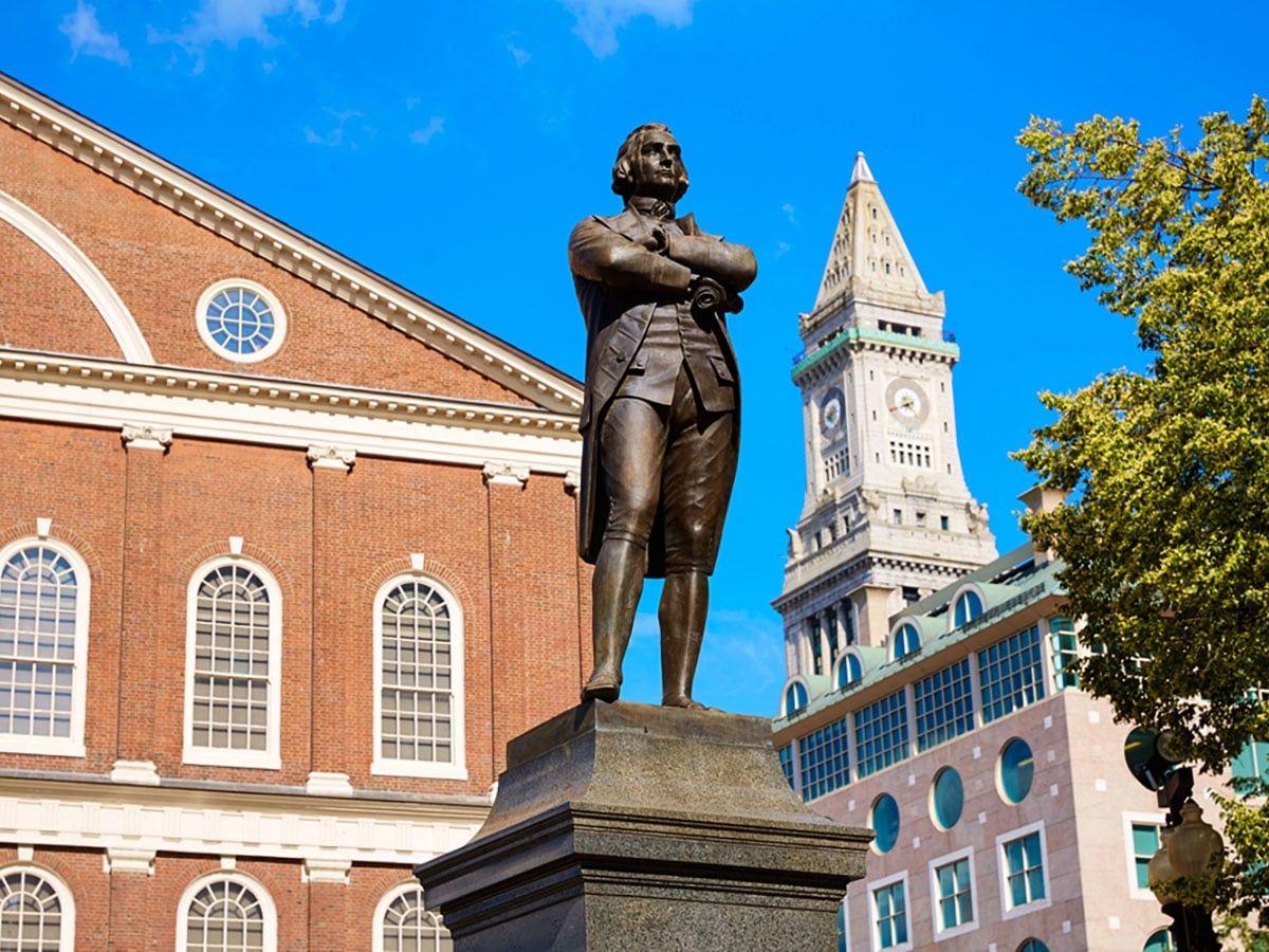 Samuel Adams monument near Faneuil Hall on City Hall to North End walking tour in Boston