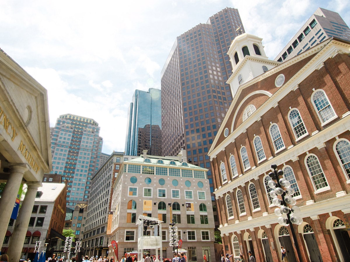Faneuil Hall and the Boston skyline on City Hall to North End walking tour in Boston