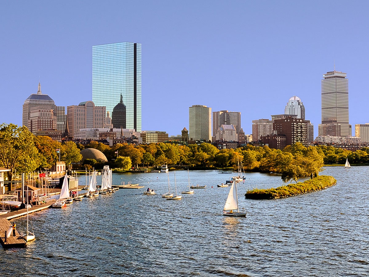 Looking across the river to the Esplanade on Charles River citywalk in Boston, Massachusetts