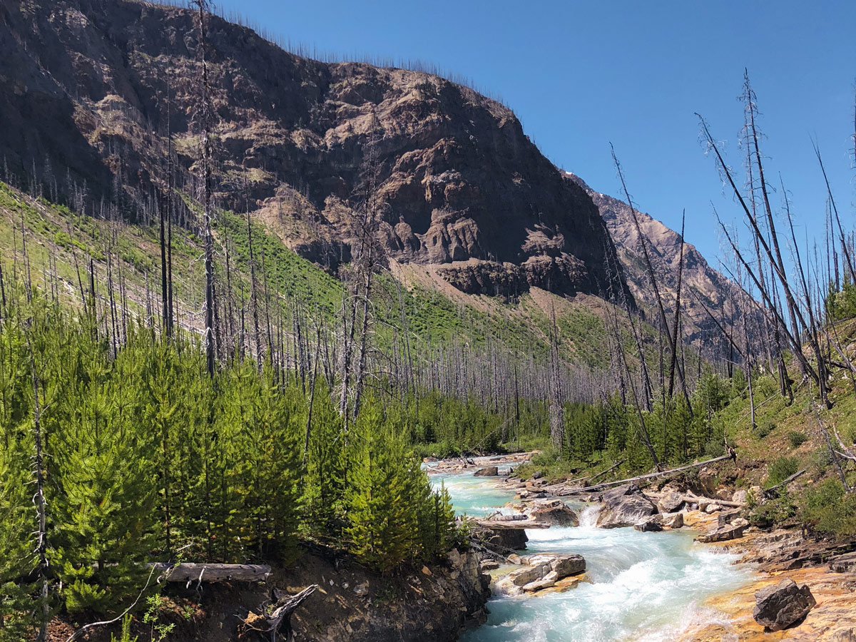 Rocky slopes near the river on Marble Canyon hike in Kootenay National Park, British Columbia