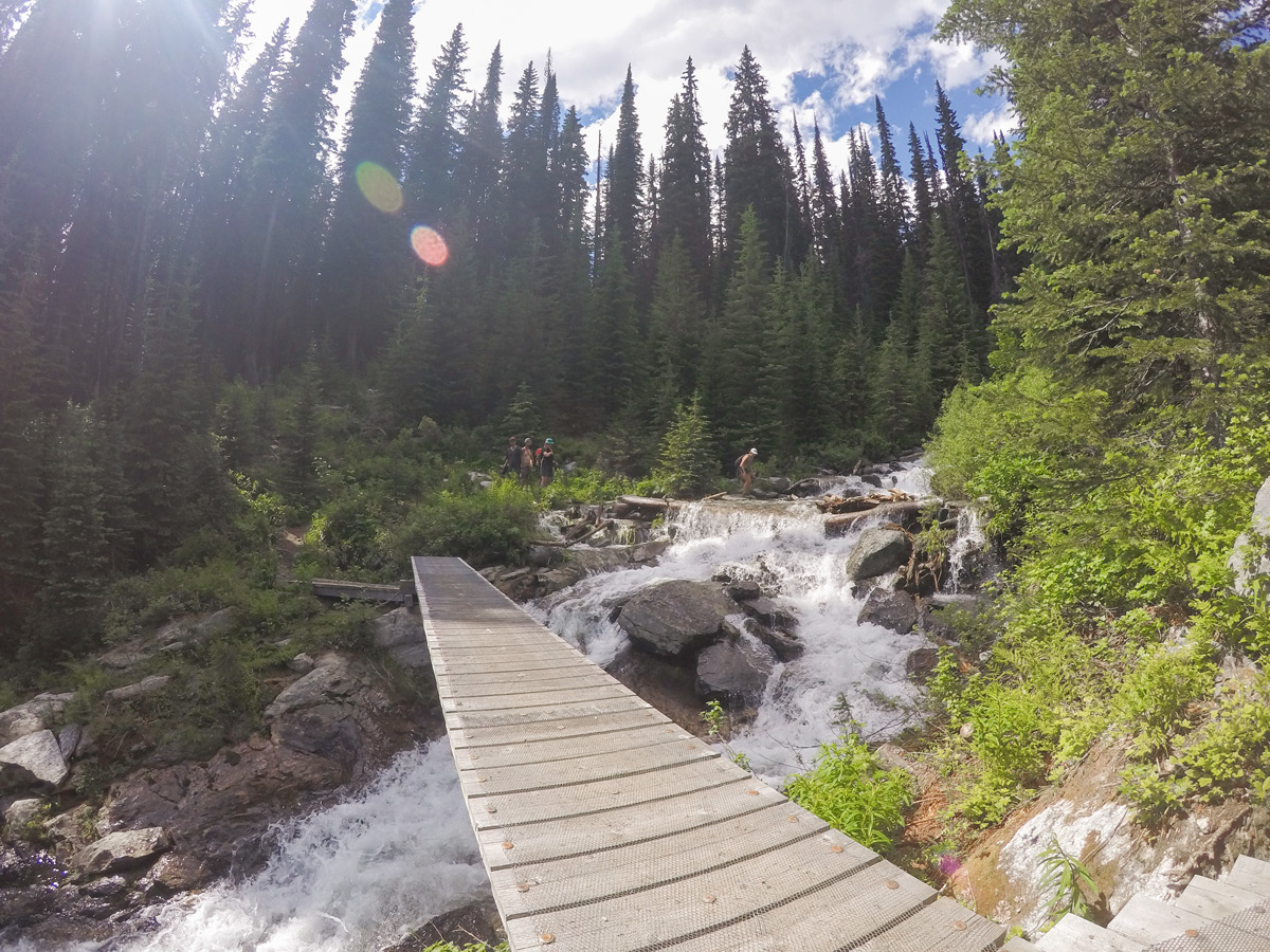 Trail over the river on Gimli Ridge hike in West Kootenays, the Canadian Rockies