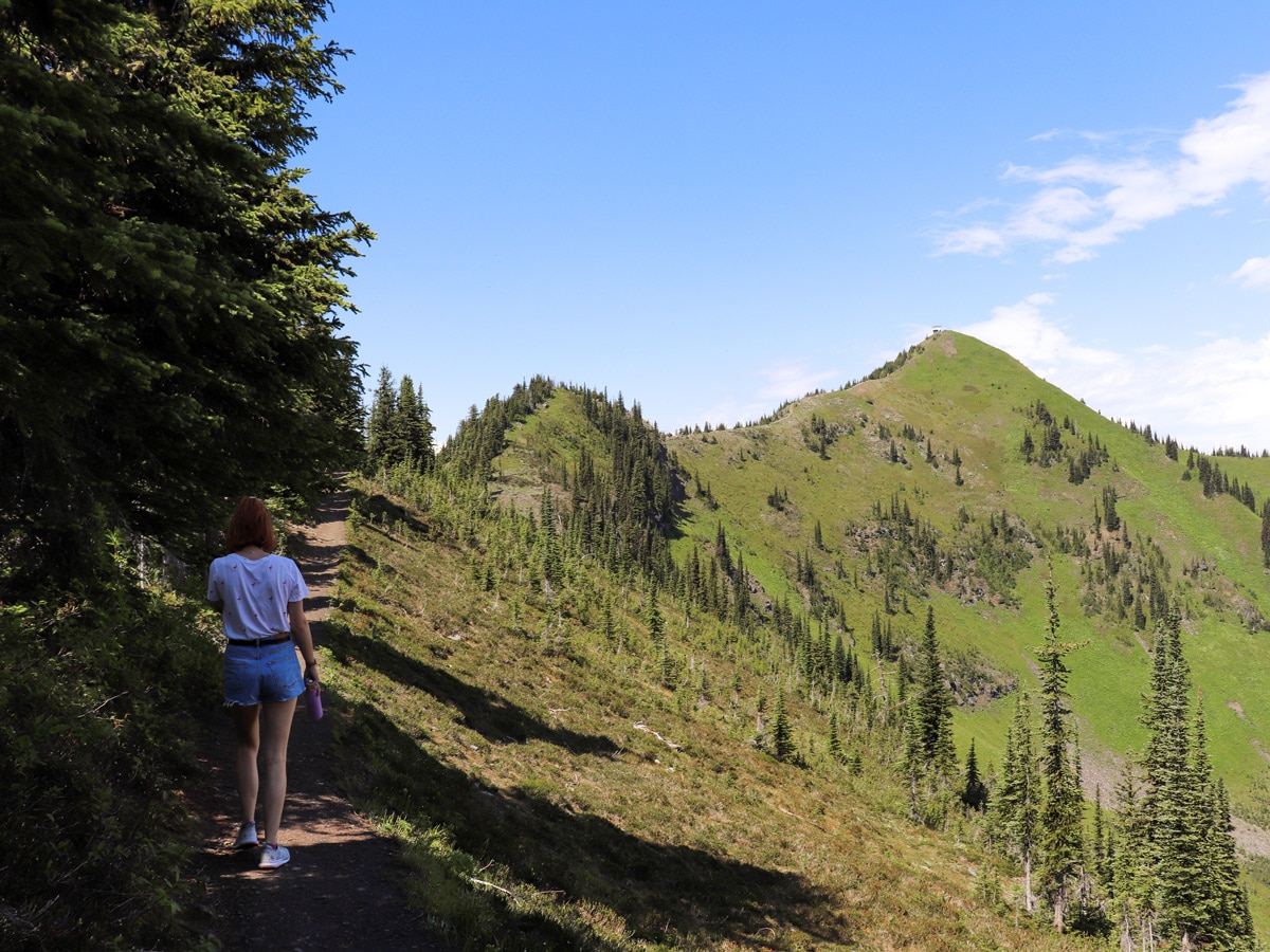 Girl hiking on Idaho Peak hike in West Kootenays, BC