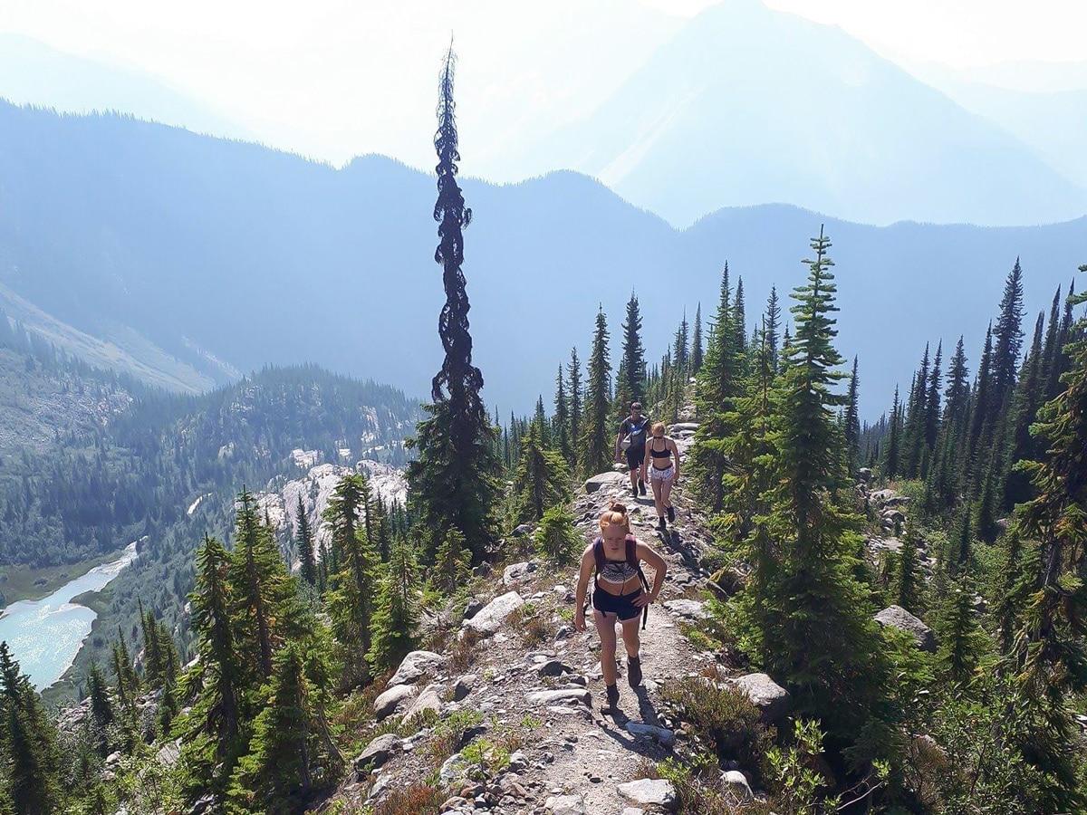 Hiking up the ridgeline on Macbeth Icefield hike in West Kootenays, Canada