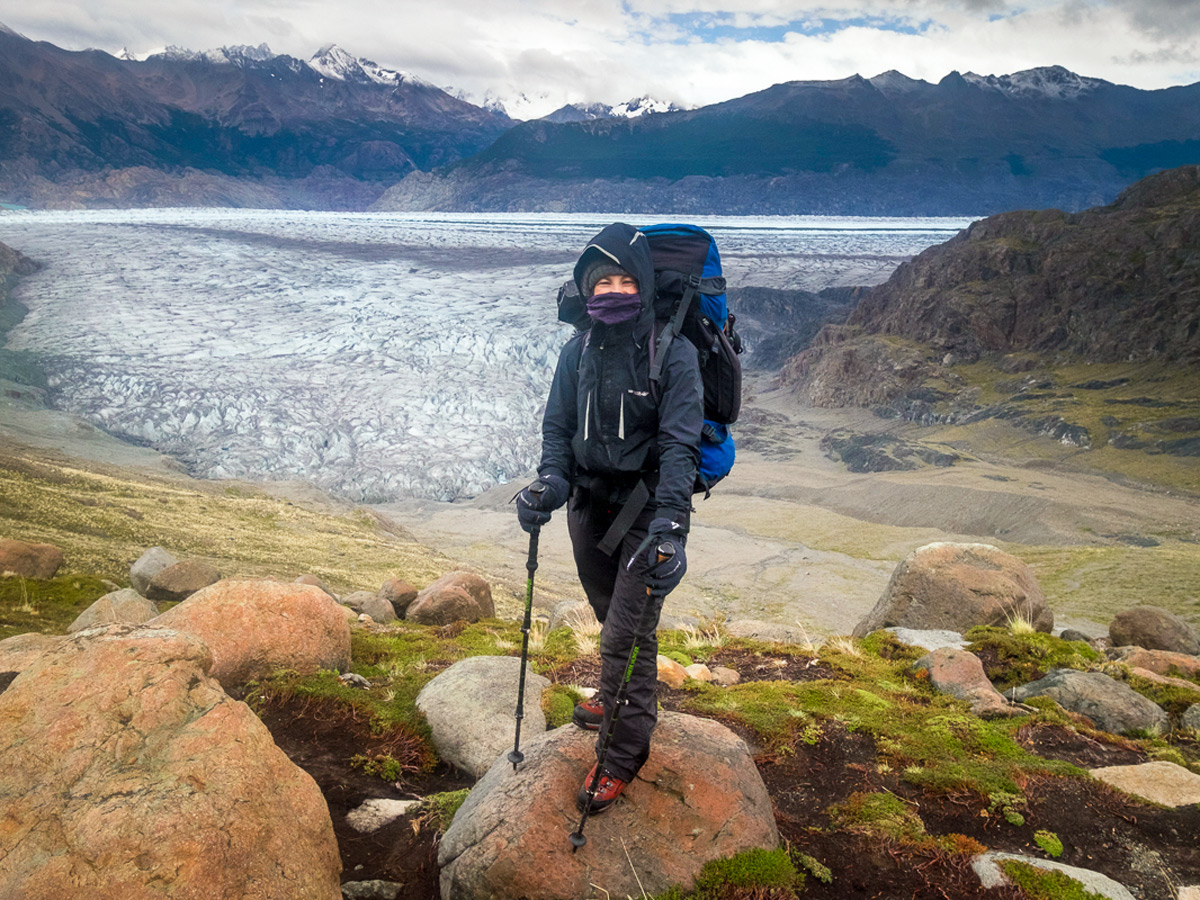 Lisa Germany with all her gear on Southern Patagonia Icefield Expedition