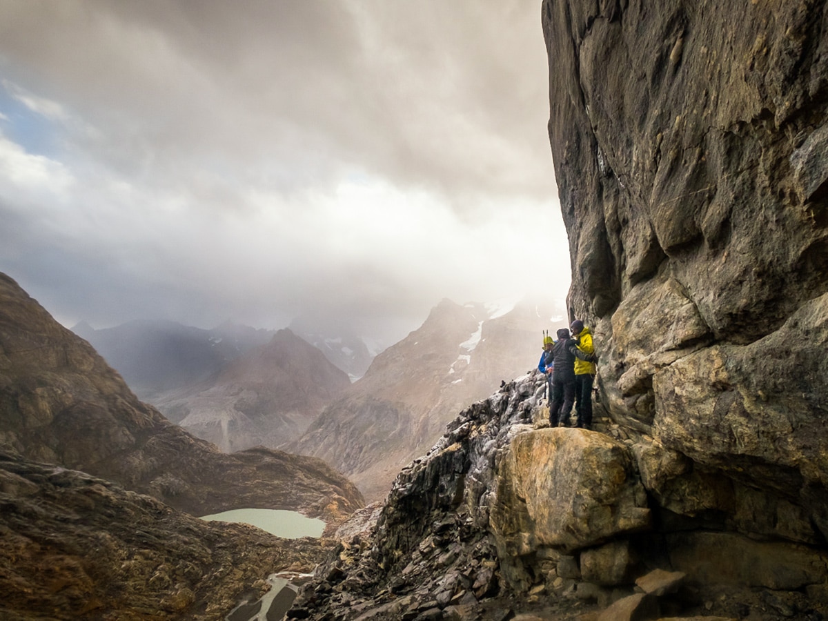 Hikers on an exposed path on Southern Patagonia Icefield Expedition