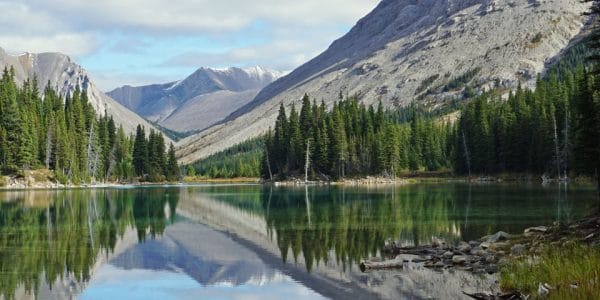 Panoramic view of beautiful Elbow Lake in Banff National Park