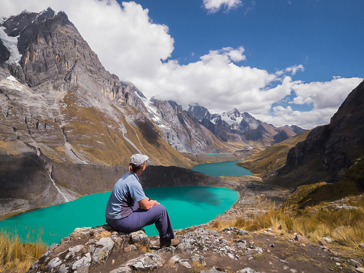 Viewpoint over 3 lakes on the way to Siula Pass on Huayhuash Circuit Trek in Peru