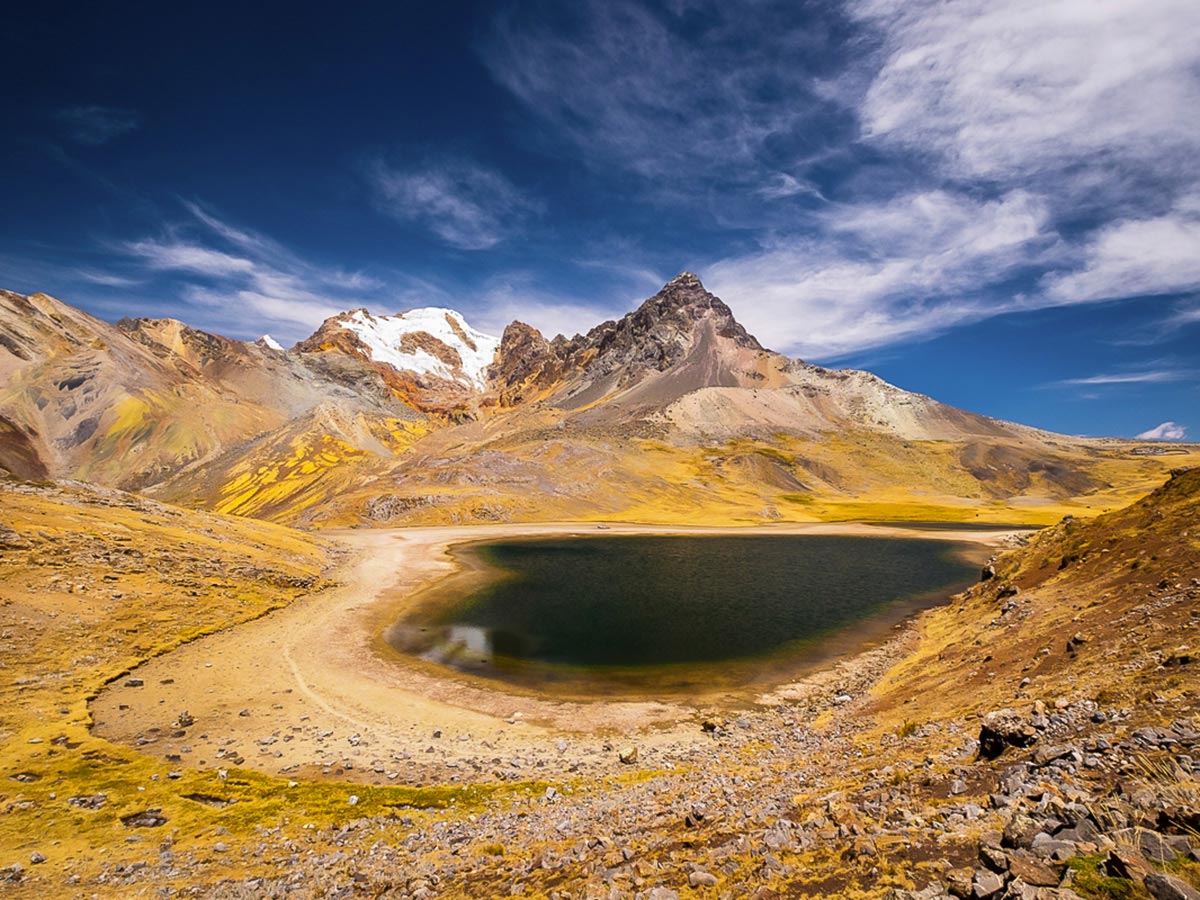 Beautiful lake near Punta Tapush Pass on Huayhuash Circuit Trek in Peru