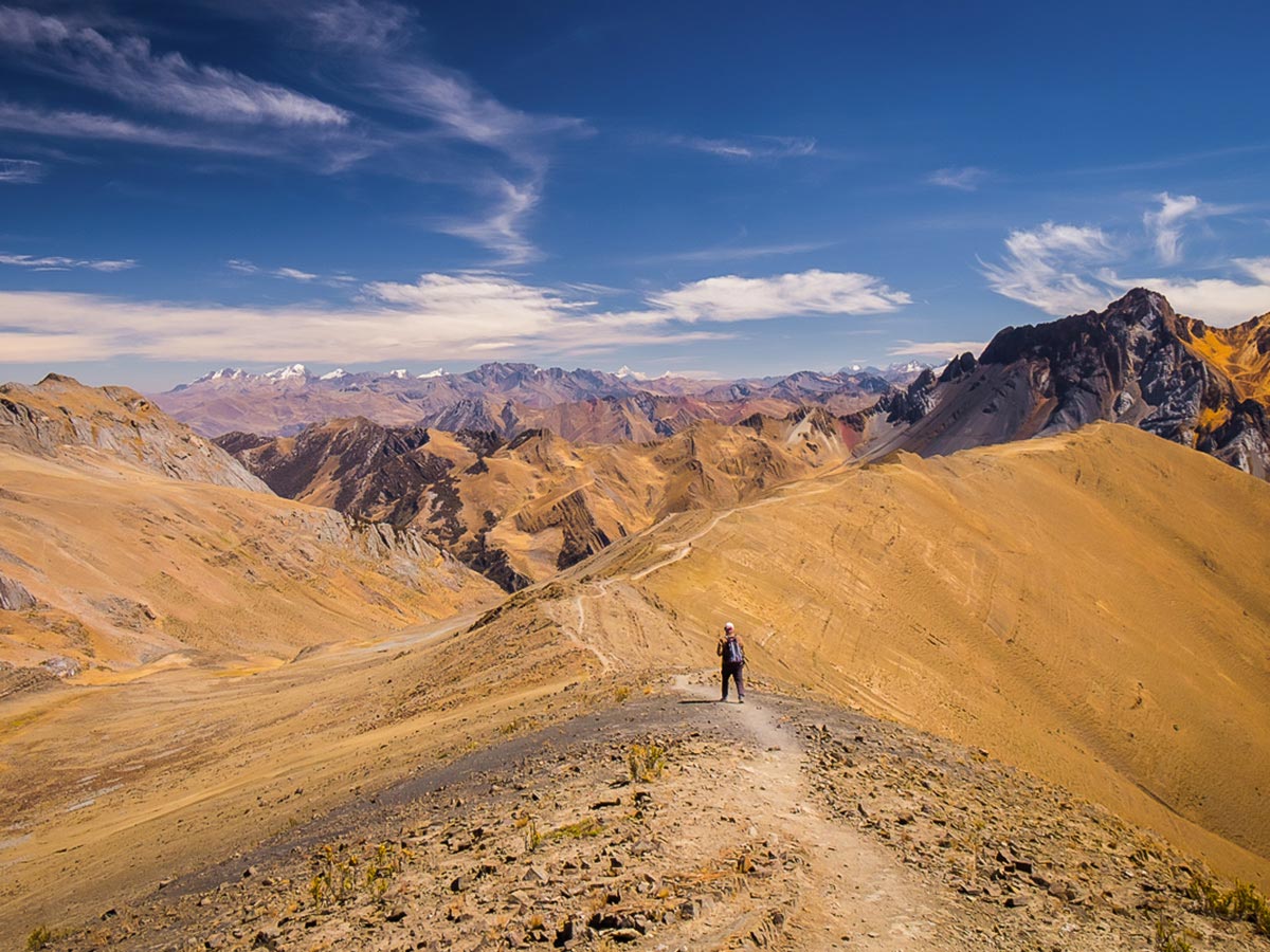 Trail from Paso Yauatcha to viewpoint over the 3 lakes on Huayhuash Circuit Trek in Peru