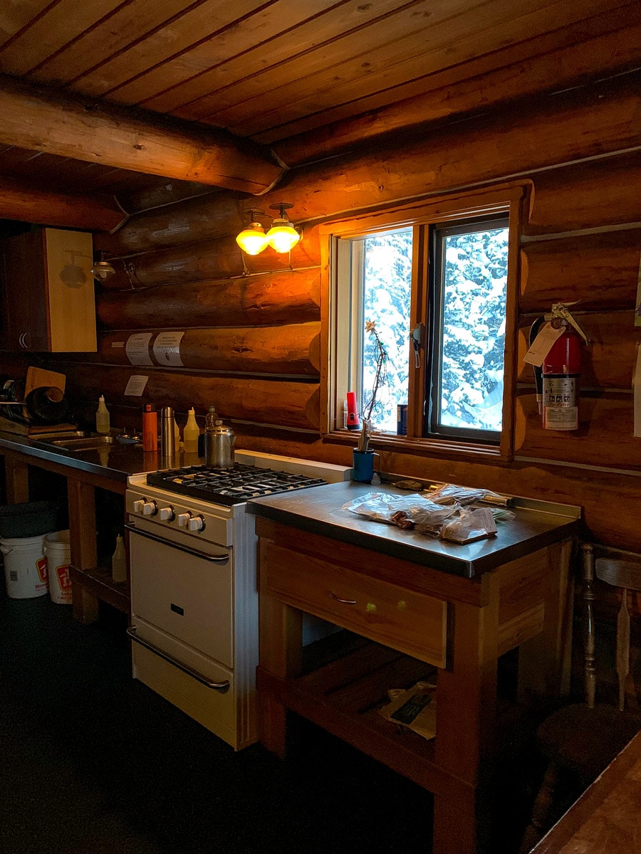 The cooking area at Elk Lakes Cabin