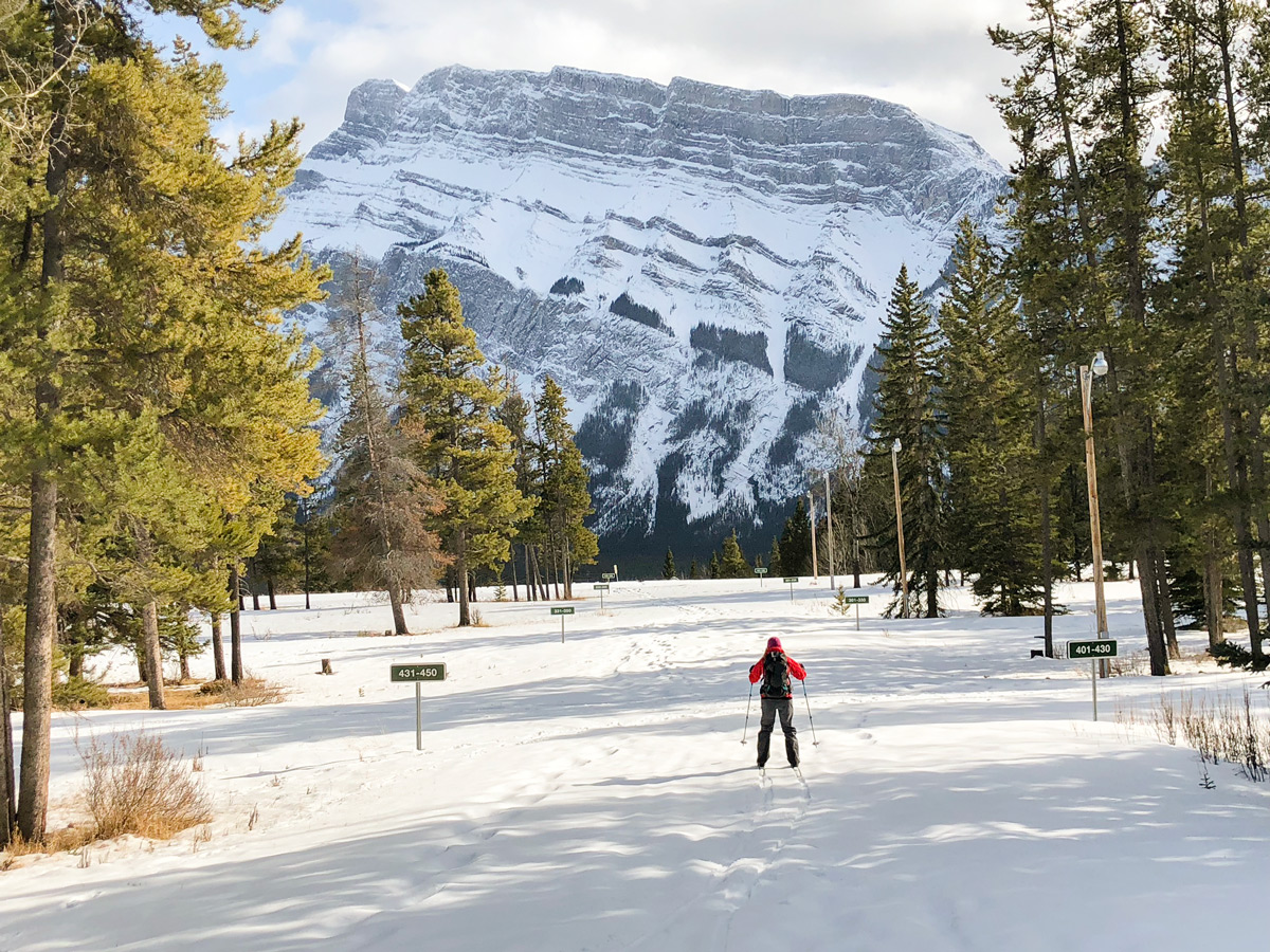 Easy cross country skiing trail in Tunnel Mountain Campground near Banff