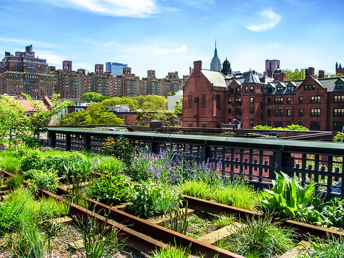View at Chelsea from the Highline on city-walk in New York City