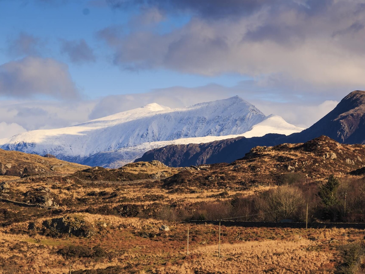 Snow-covered mountains of Snowdonia National Park