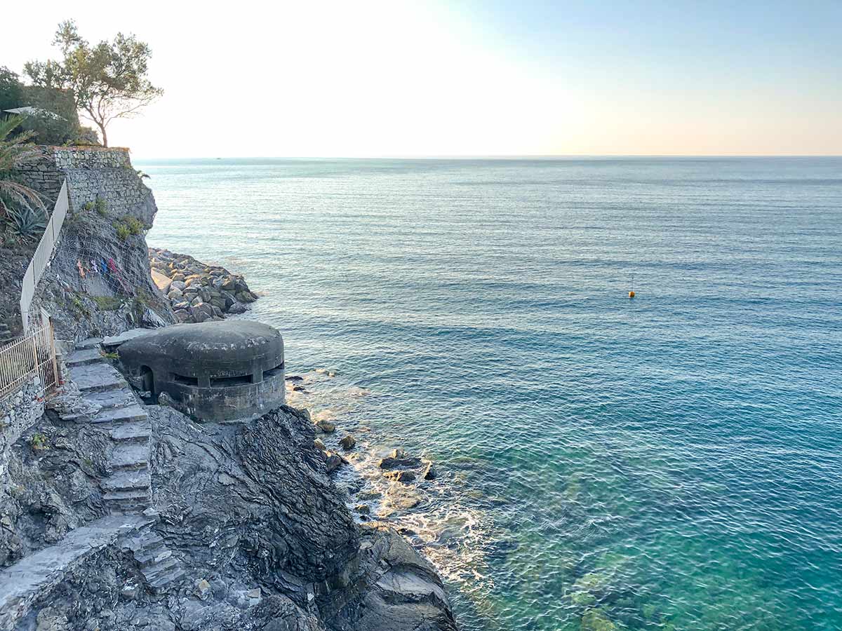 WW2 turrets along the trail of Cinque Terre hike in Liguria, Italy