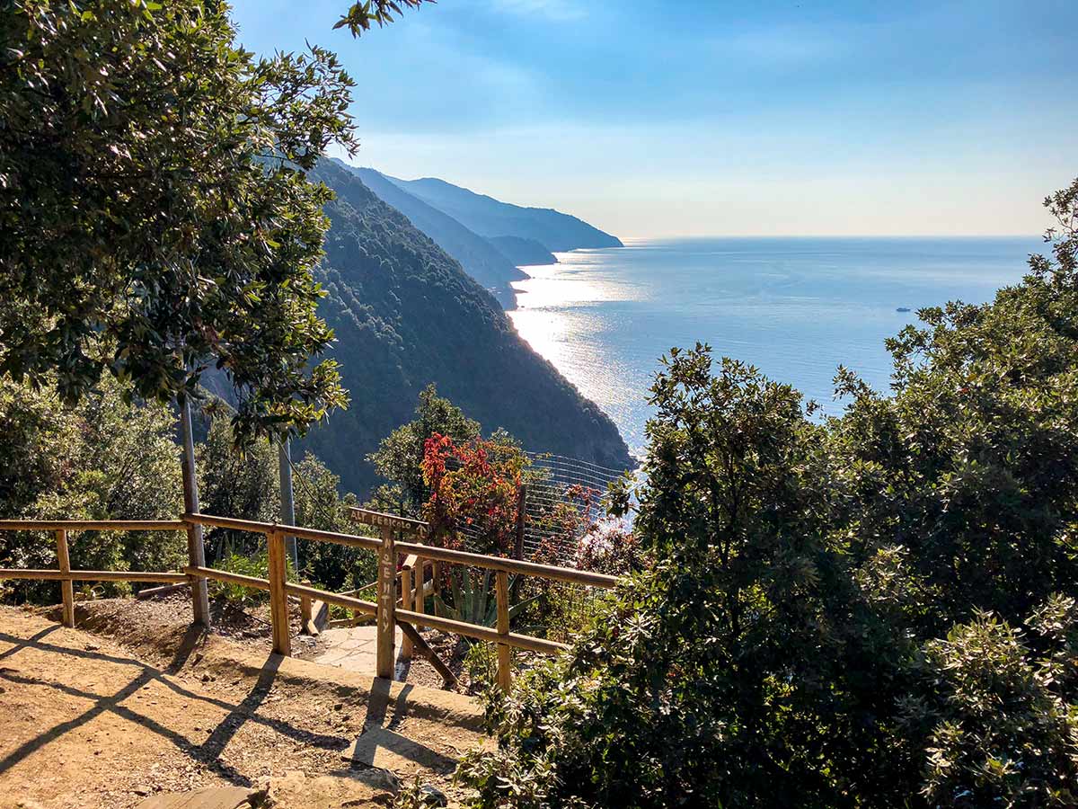 Beautiful views of the sea from the overlook of Cinque Terre hike in Liguria, Italy