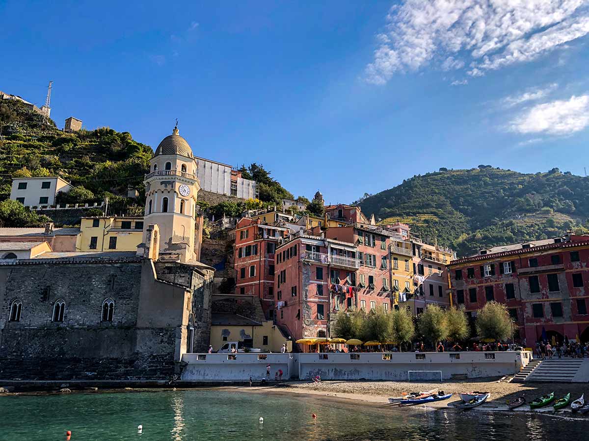 Vernazza views from the shoreline on Cinque Terre hike in Liguria, Italy