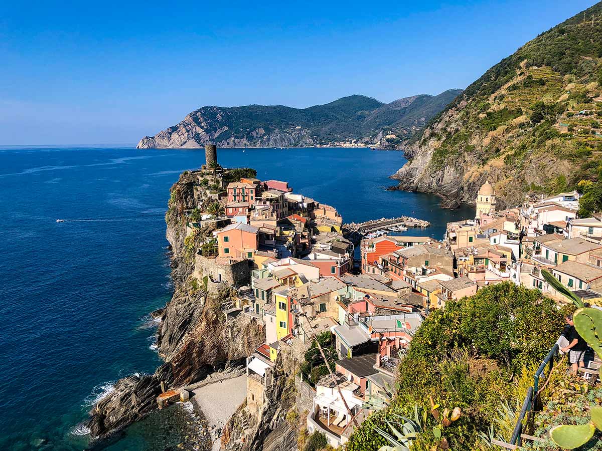 Looking back on the stunning village of Vernazza on the Cinque Terre hike