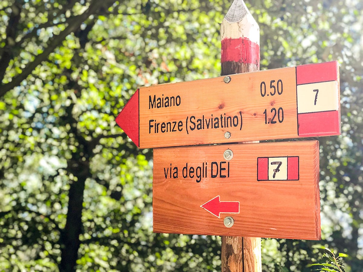 Signage of Fiesole to Firenze on the Via degli Dei Hike in Florence, Tuscany