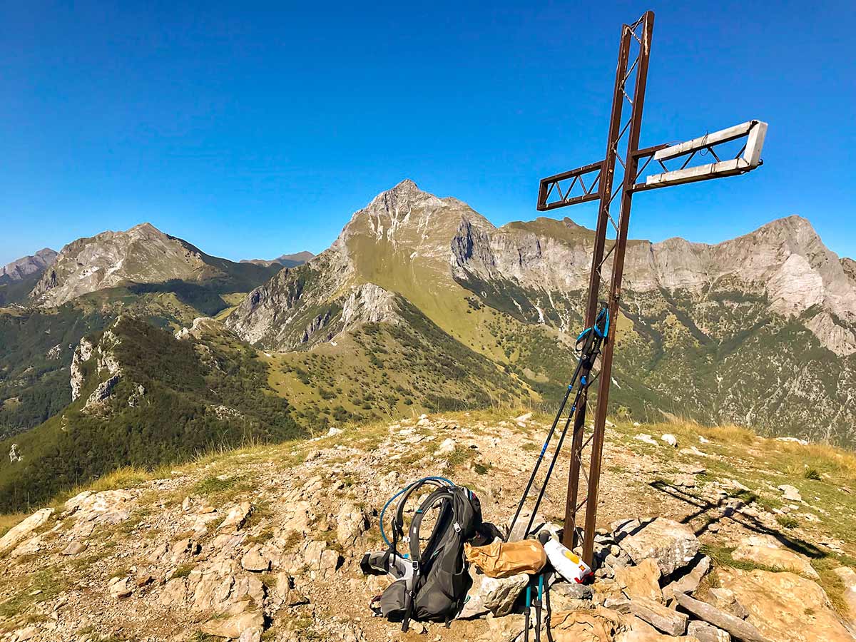 Summit cross on Monte Croce from Palagnana Hike in Tuscany