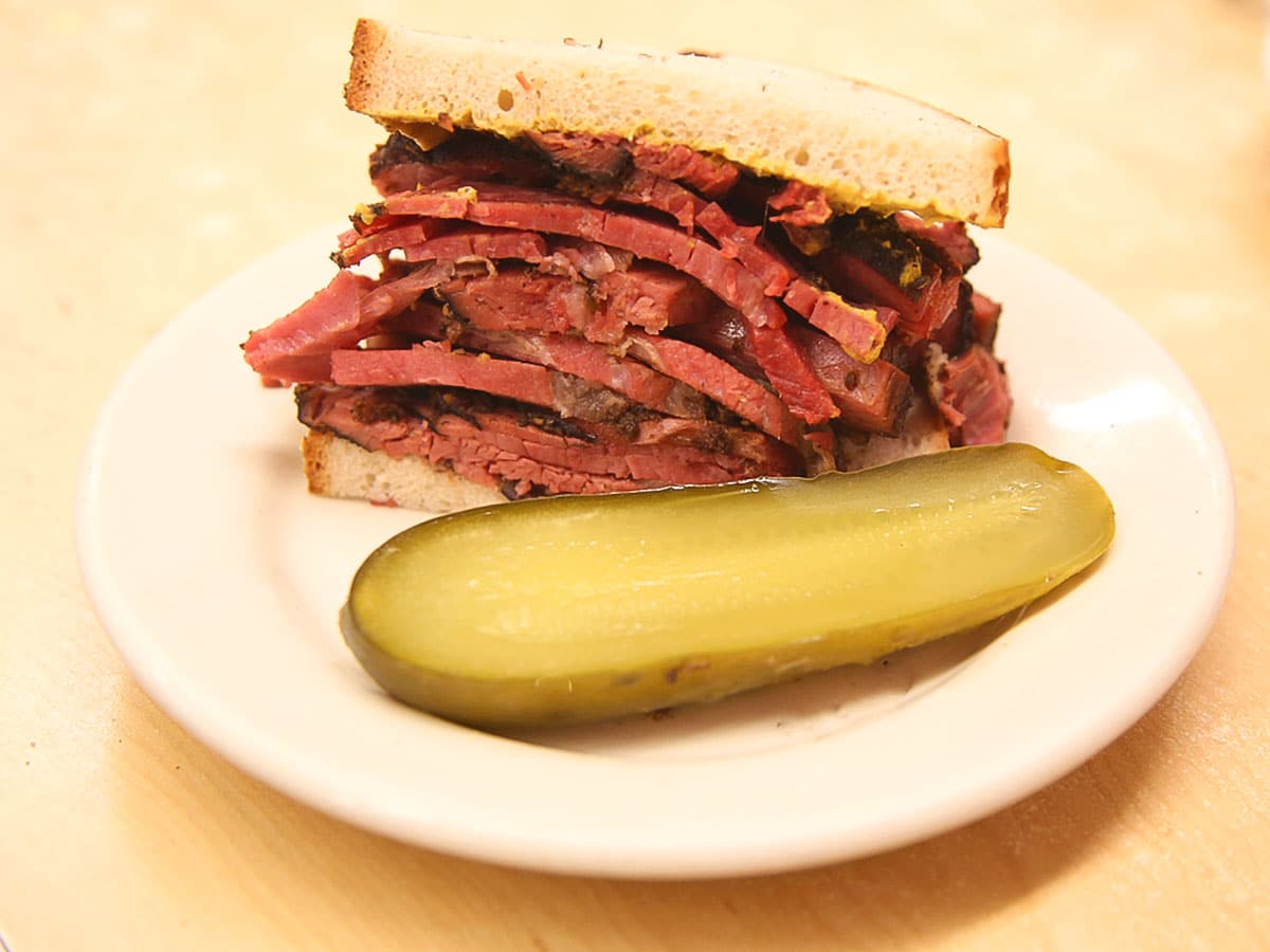 Famous pastrami on rye sandwich at Katz Delicatessen on Grand Central, Empire State, Greenwich Village Walking Tour