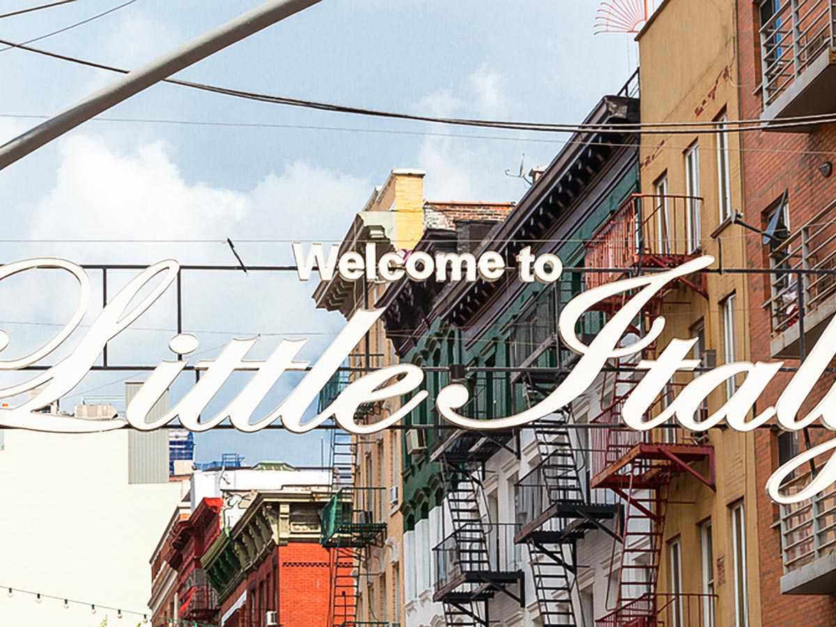 Welcome to Little Italy sign in Lower Manhattan on Foodies Walk Tour in New York City