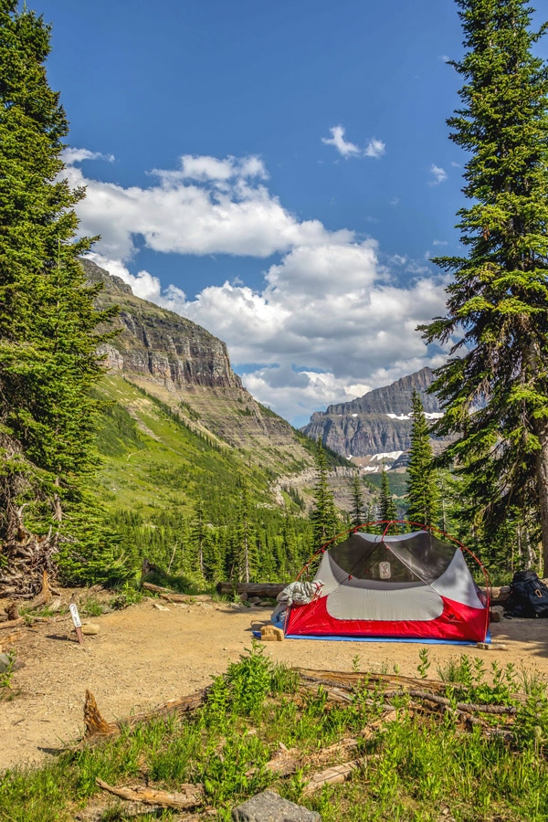 Setting up camp on Boulder Pass Backpacking Trail in Glacier National Park