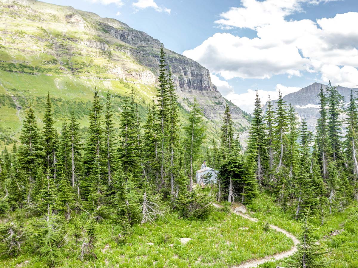 Tent and beautiful views on Boulder Pass Backpacking Trail in Glacier National Park