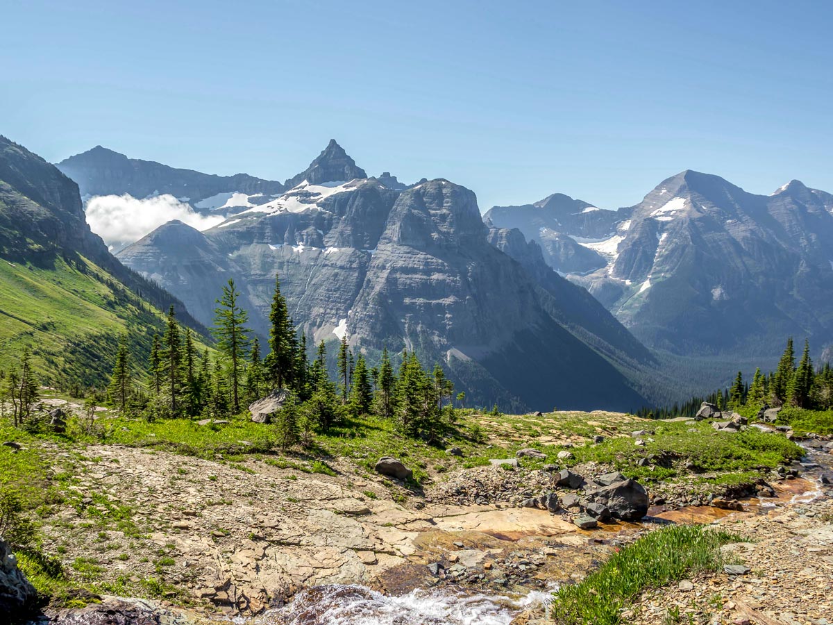 Looking down to the valley on Boulder Pass Backpacking Trail in Glacier National Park