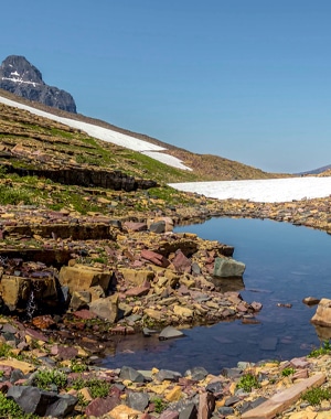 Snowy path of Boulder Pass Backpacking Trail in Glacier National Park