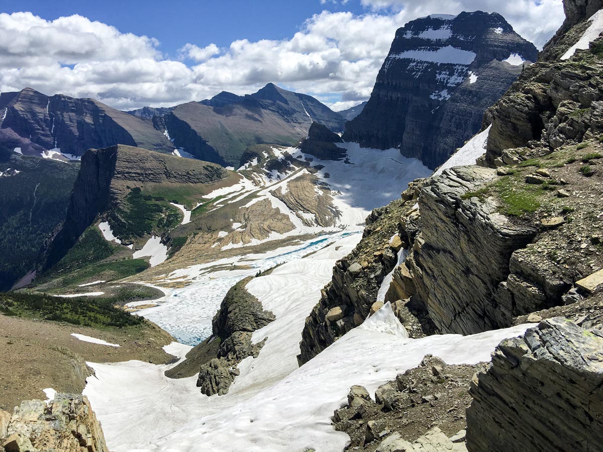 View of Grinnell Glacier from Garden Wall on Highline backpacking trail in Glacier National Park, Montana